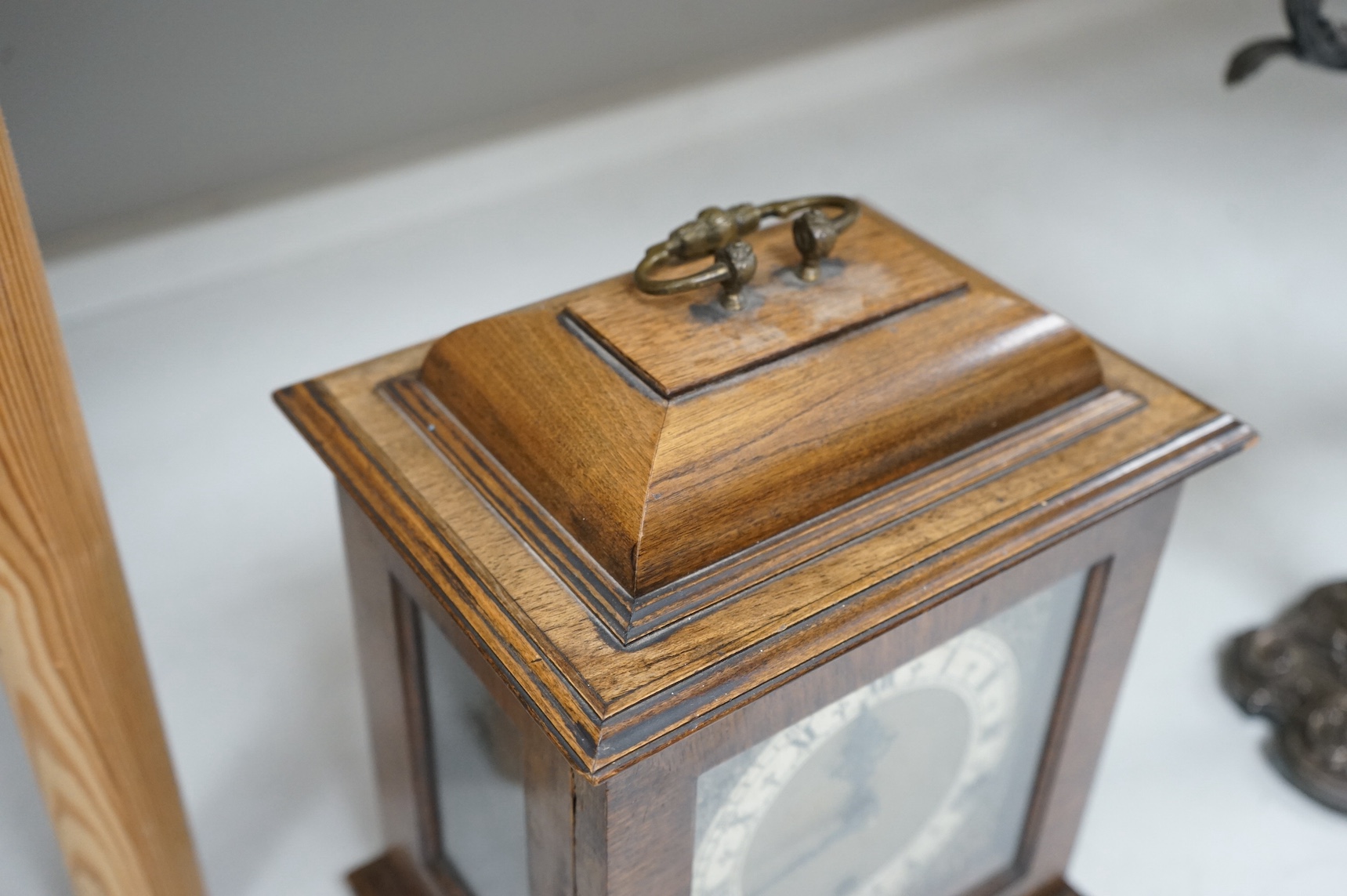 An Edwardian walnut mantel clock with musical chime, 29cm. Condition - good, not tested